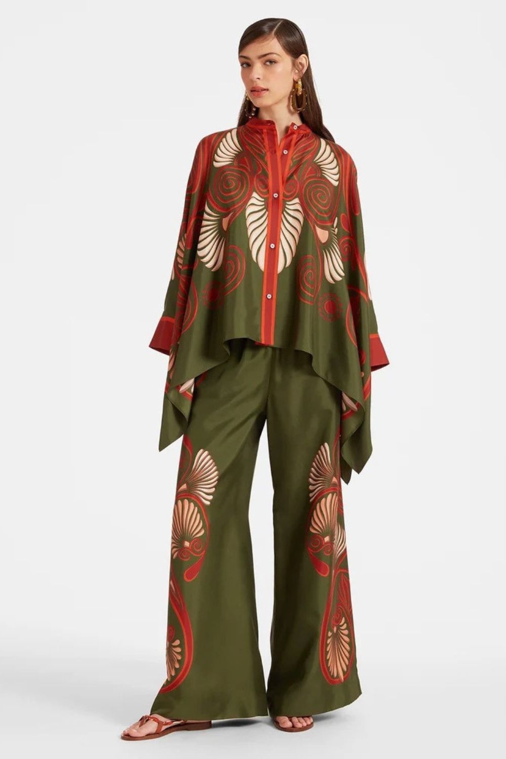 Silk Twill Wide Leg Pant and Top Set with Fan Print Luxe Resort Style