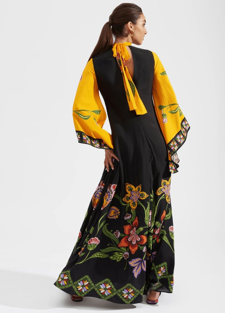 Printed Silk Maxi Dress with High Neck and Draped Sleeves