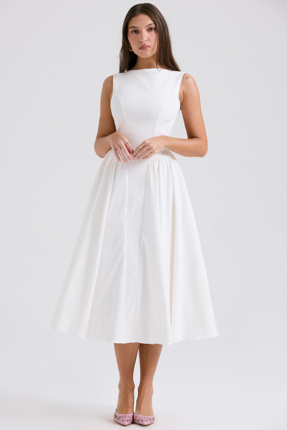 Backless Midi Dress with Fitted Bodice and Flare Skirt