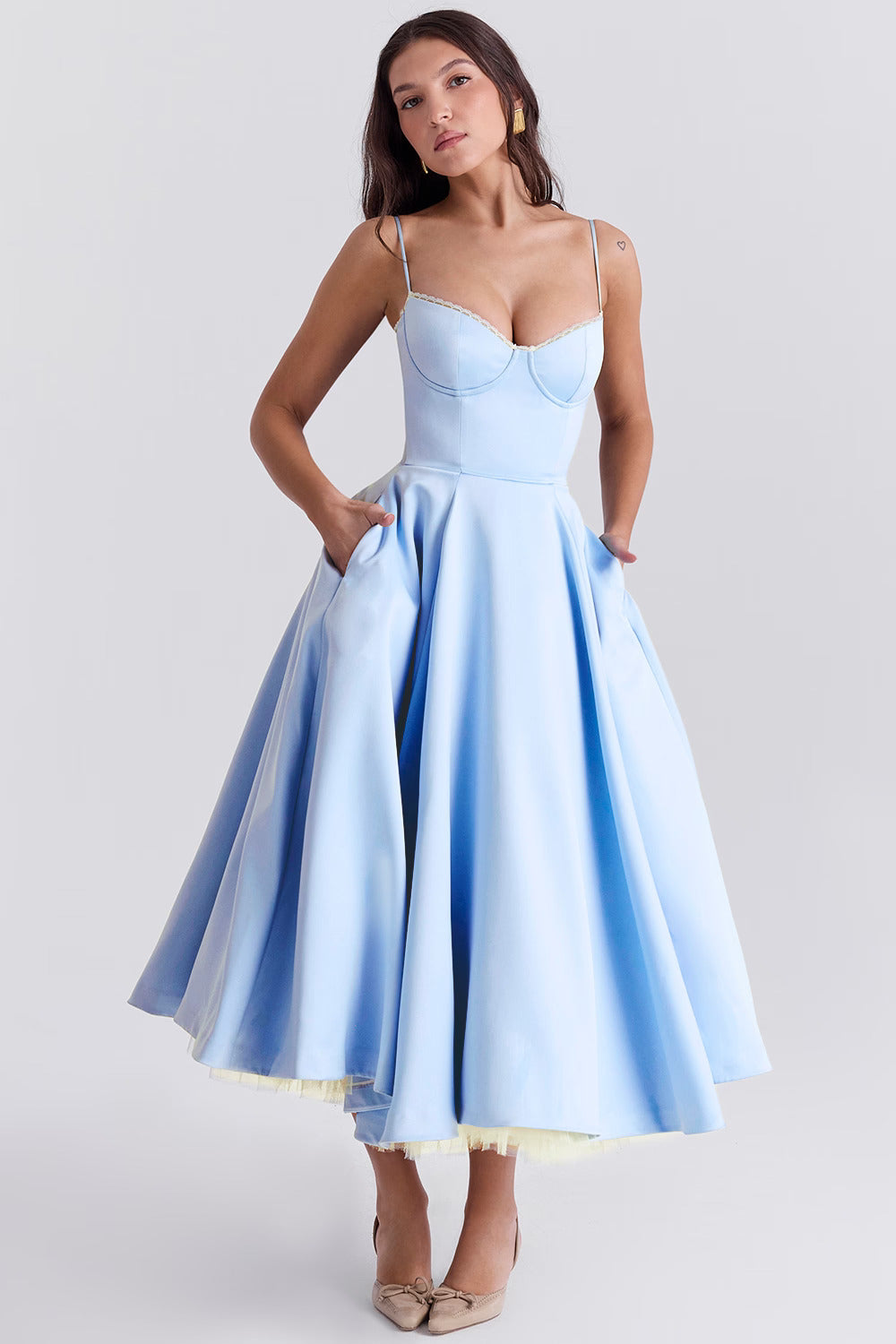 Romantic Satin Midi Dress with Corset Bodice and Sweetheart Neckline
