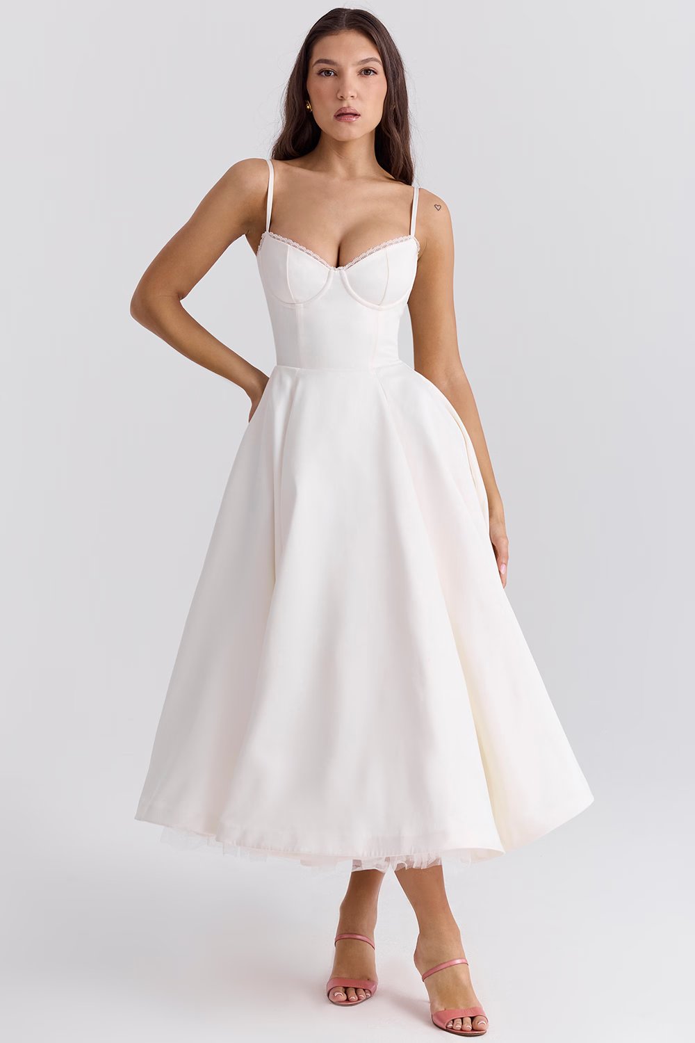 Romantic Satin Midi Dress with Corset Bodice and Sweetheart Neckline