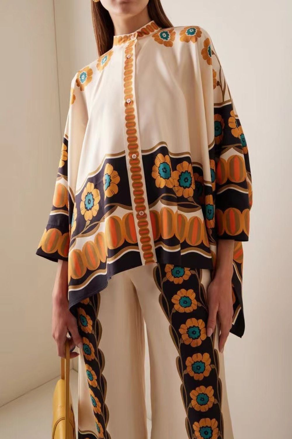 Silk Twill Wide Leg Pant and Top Set with Fan Print Luxe Resort Style