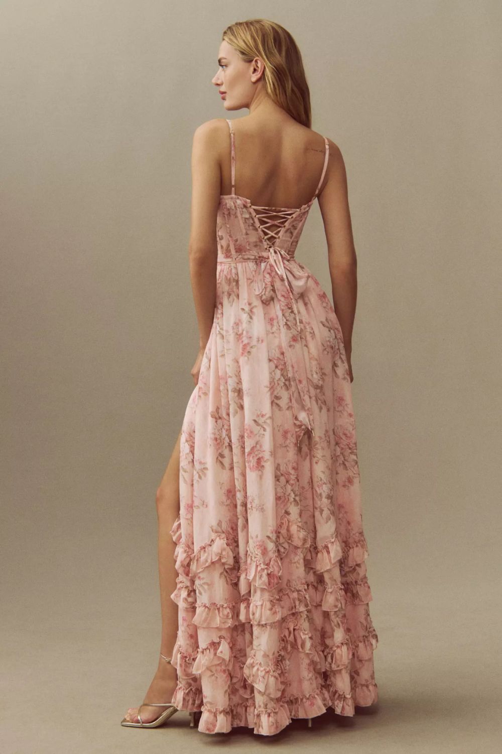 Romantic Lace Corset Maxi Dress with Tiered Chiffon Skirt