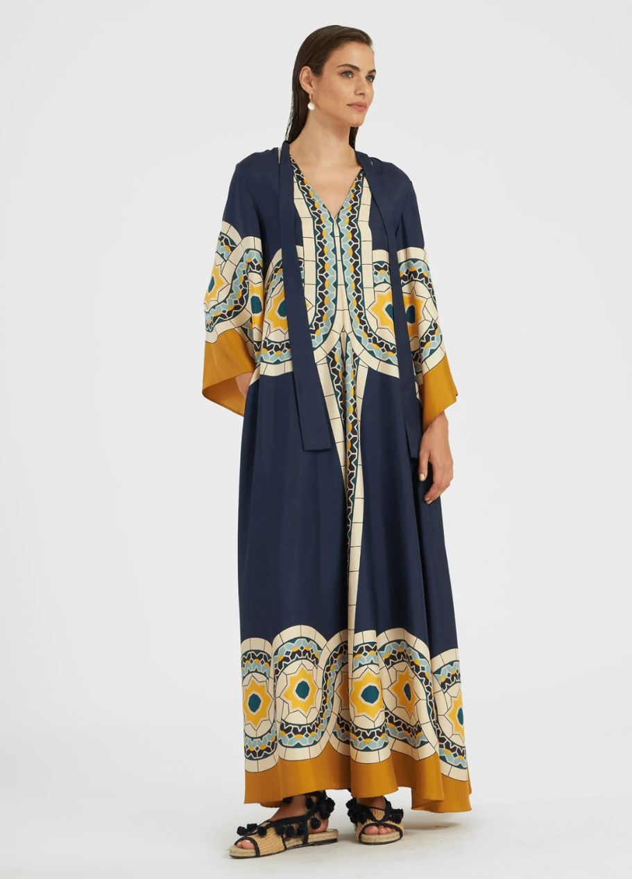 Printed Silk Maxi Dress with High Neck and Draped Sleeves