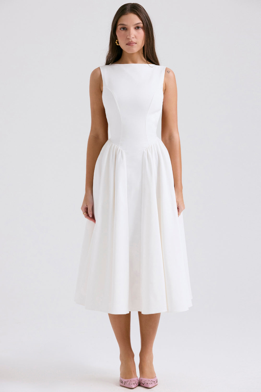 Backless Midi Dress with Fitted Bodice and Flare Skirt