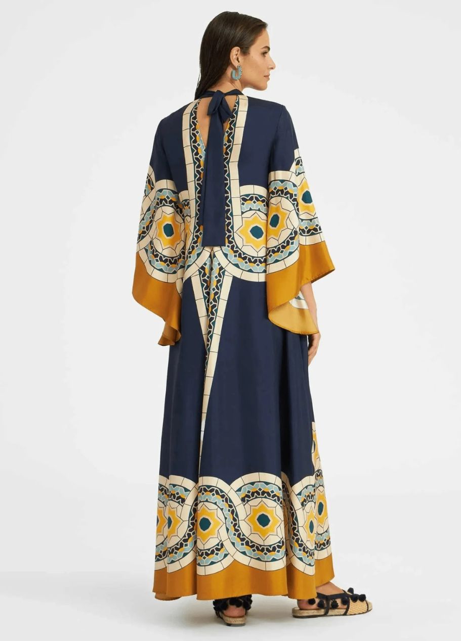 Printed Silk Maxi Dress with High Neck and Draped Sleeves