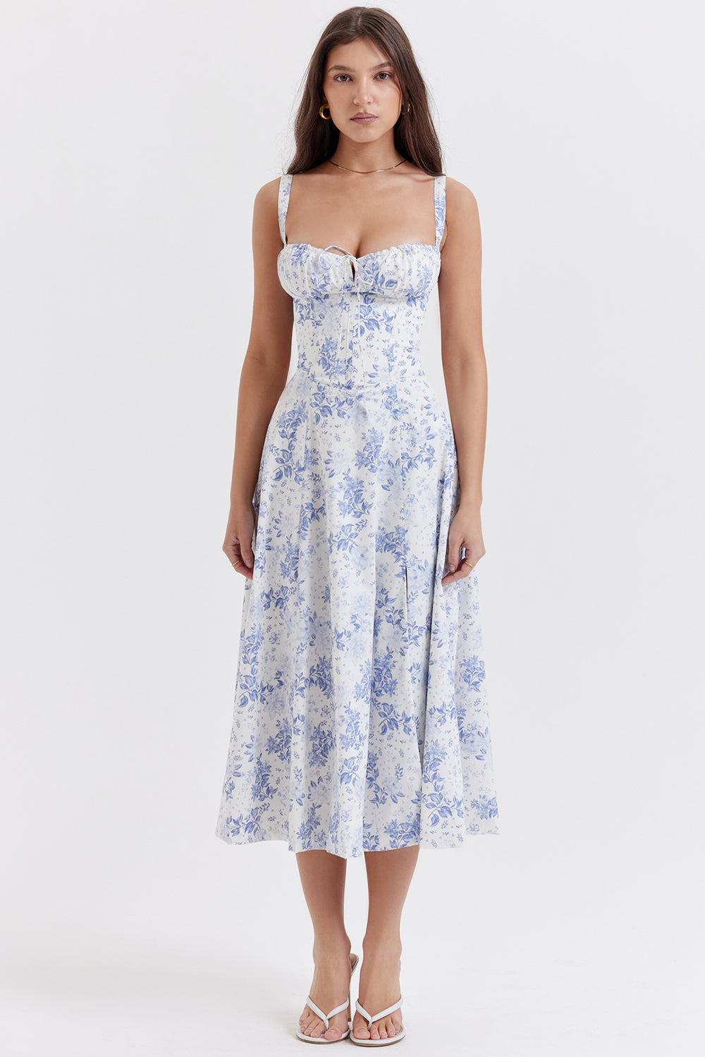 Romantic Floral Corset Midi Sundress with Straps