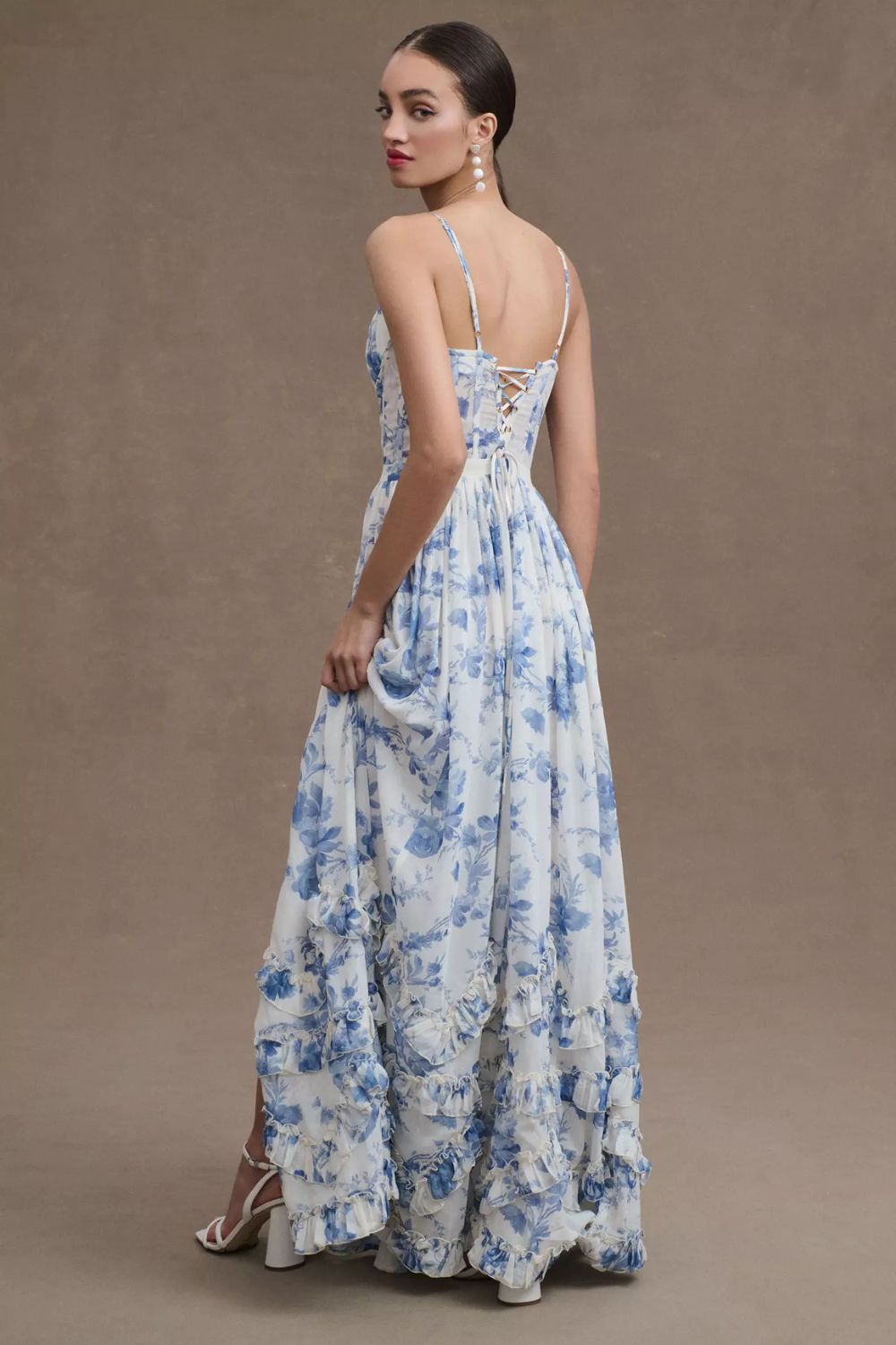Romantic Lace Corset Maxi Dress with Tiered Chiffon Skirt