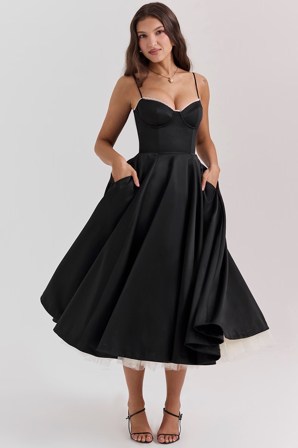 Romantic Satin Midi Dress with Corset Bodice and Sweetheart Neckline
