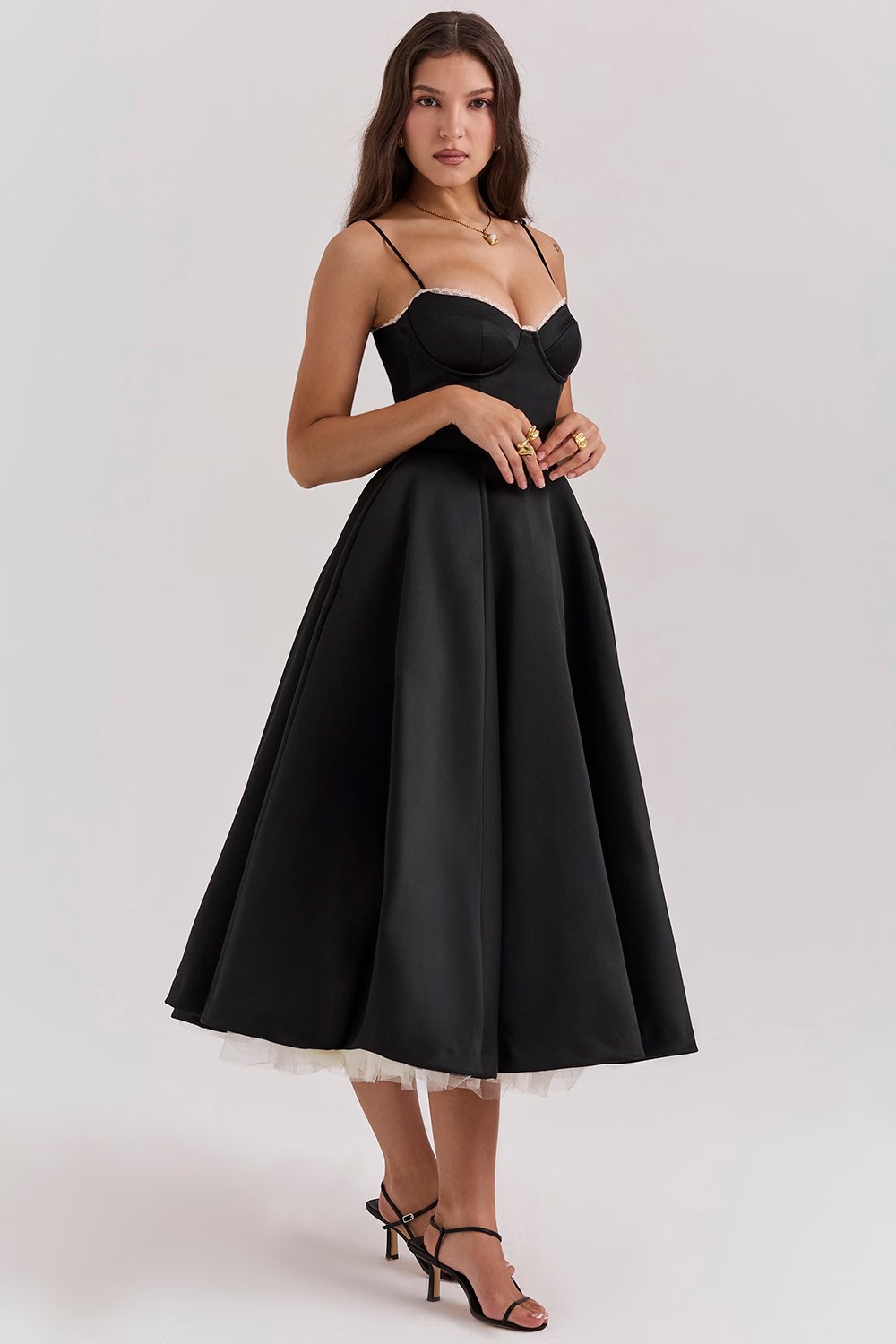 Romantic Satin Midi Dress with Corset Bodice and Sweetheart Neckline