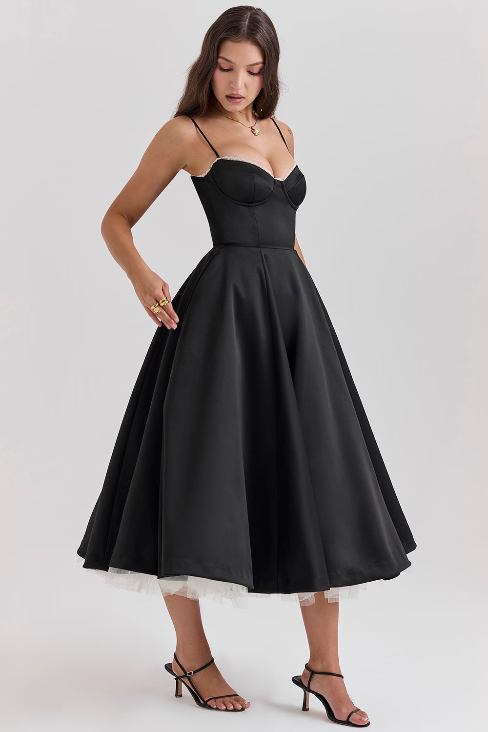 Romantic Satin Midi Dress with Corset Bodice and Sweetheart Neckline
