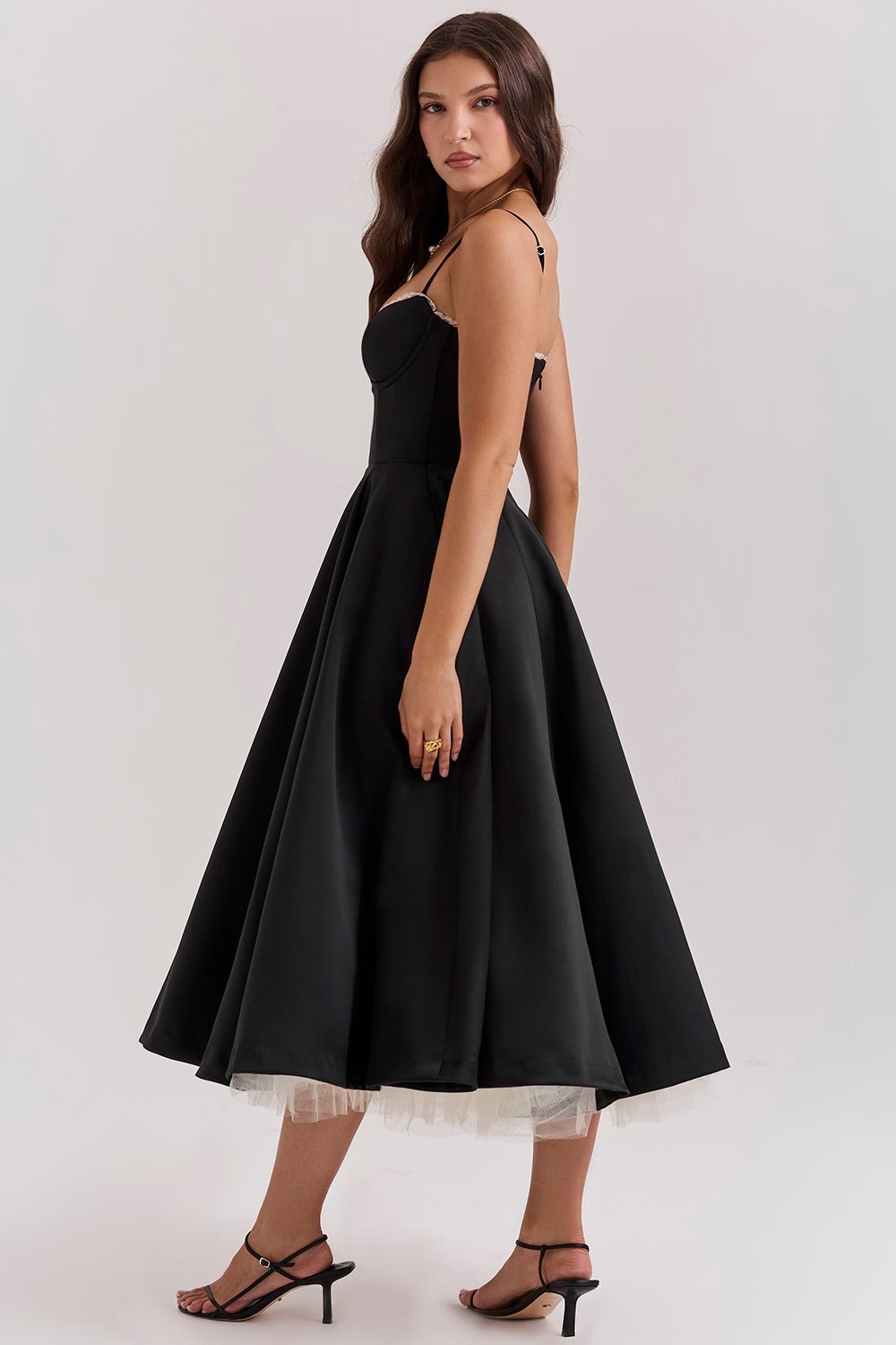 Romantic Satin Midi Dress with Corset Bodice and Sweetheart Neckline