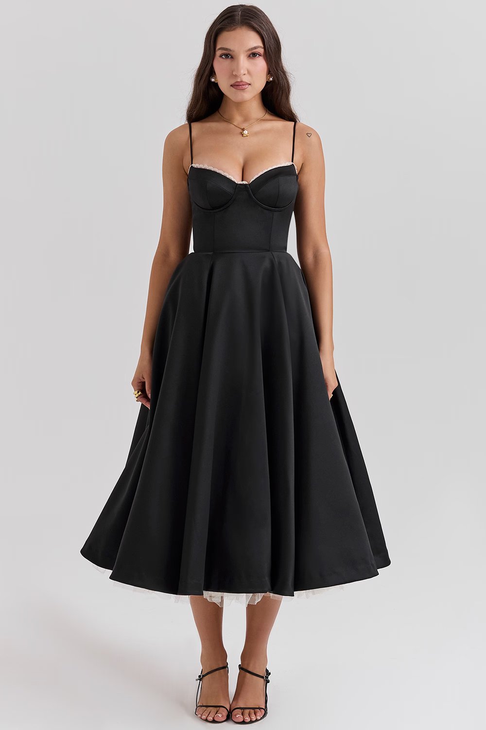Romantic Satin Midi Dress with Corset Bodice and Sweetheart Neckline