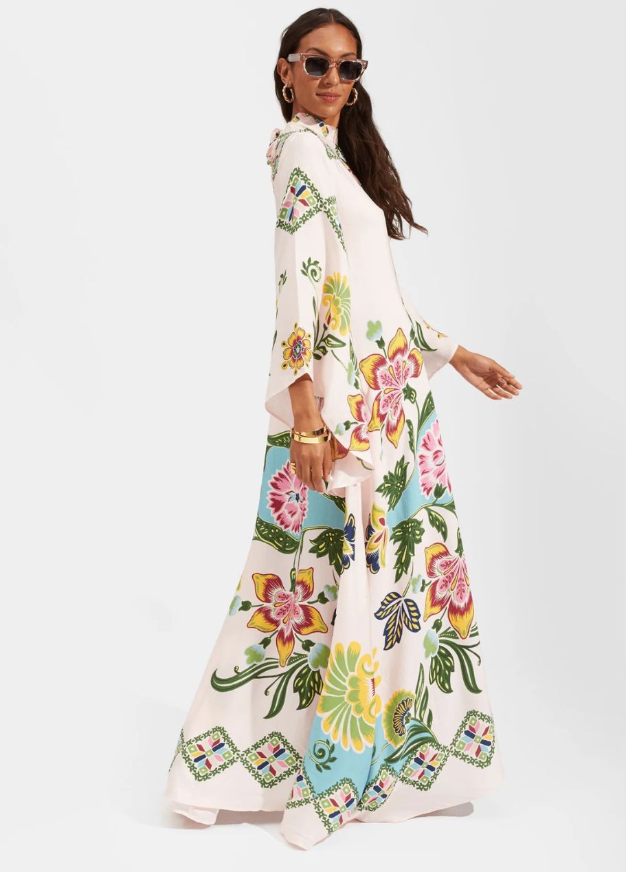 Printed Silk Maxi Dress with High Neck and Draped Sleeves