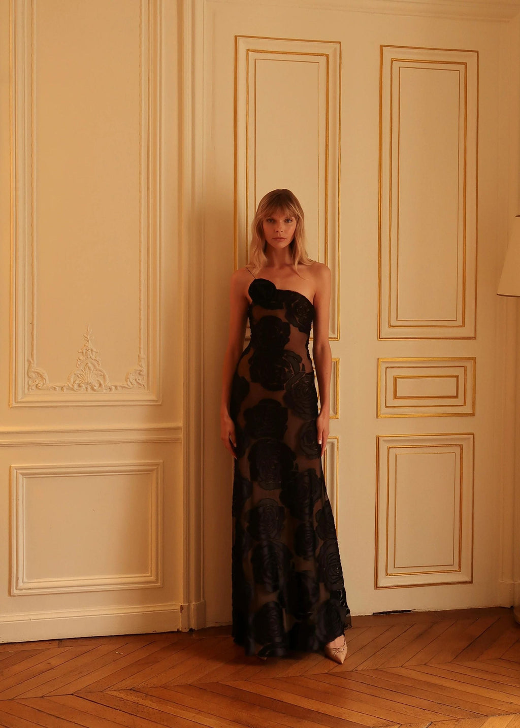 Velvet Floral Gown with Black Rose Detail
