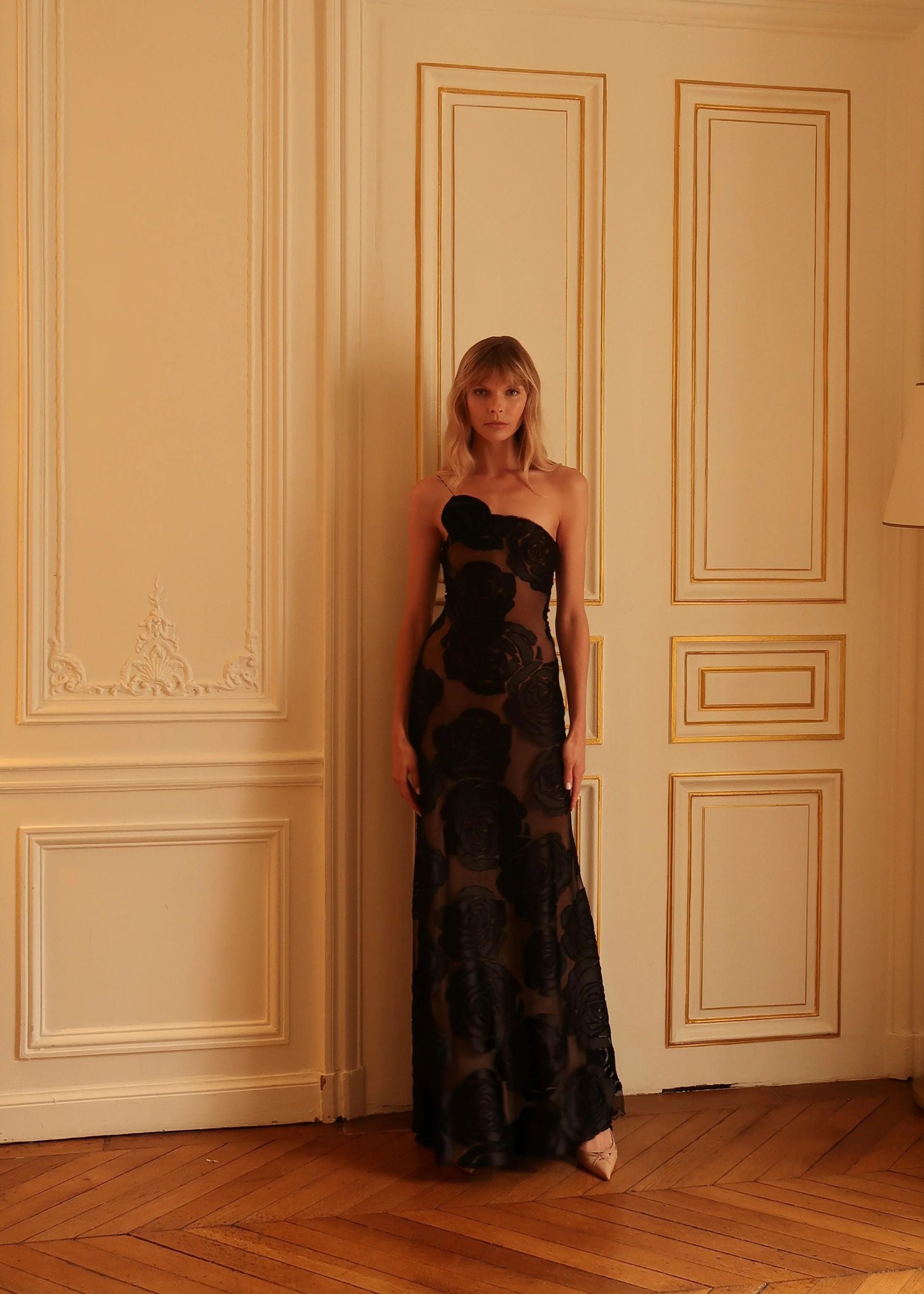 Velvet Floral Gown with Black Rose Detail