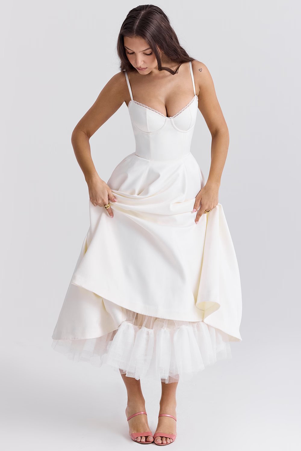 Romantic Satin Midi Dress with Corset Bodice and Sweetheart Neckline