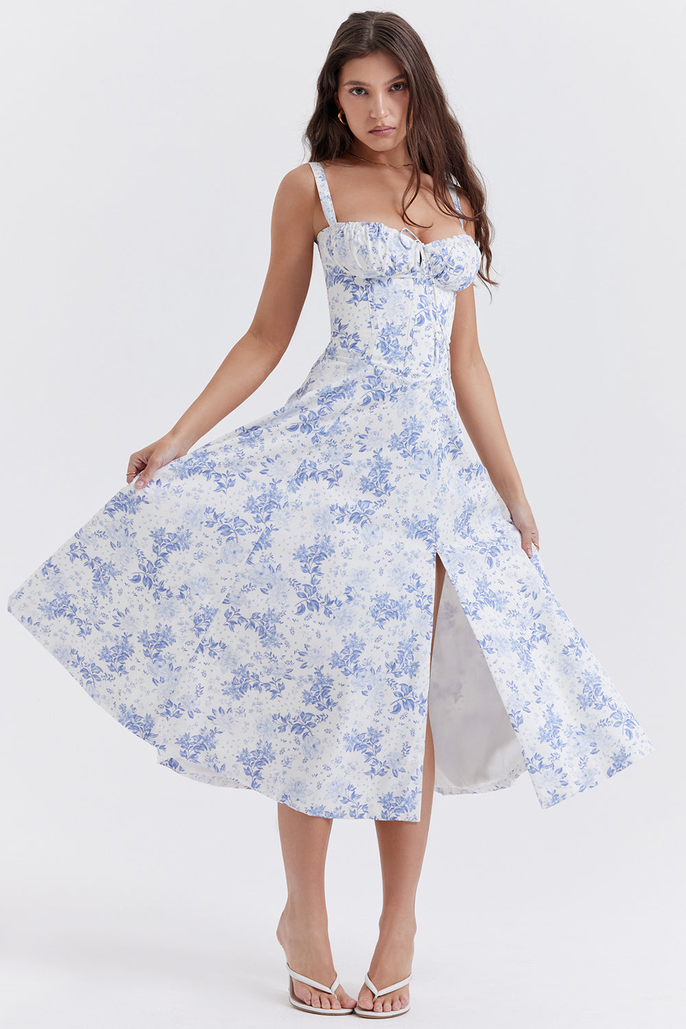 Romantic Floral Corset Midi Sundress with Straps