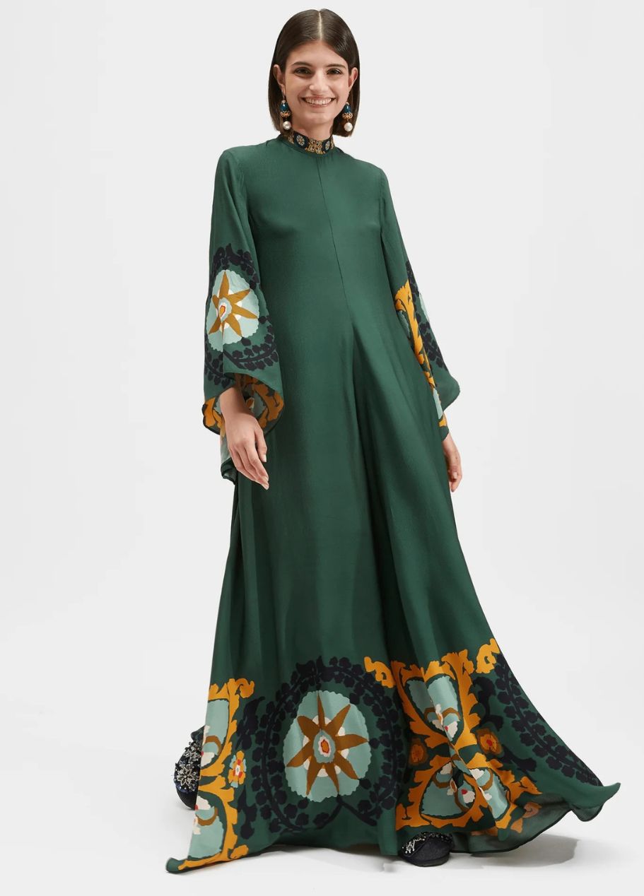 Printed Silk Maxi Dress with High Neck and Draped Sleeves