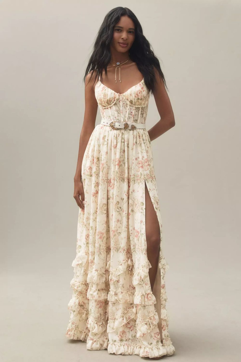 Romantic Lace Corset Maxi Dress with Tiered Chiffon Skirt