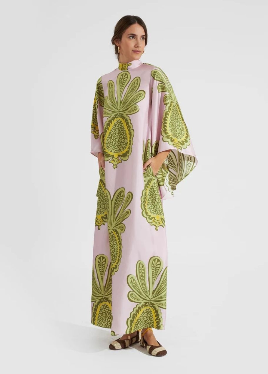 Printed Silk Maxi Dress with High Neck and Draped Sleeves