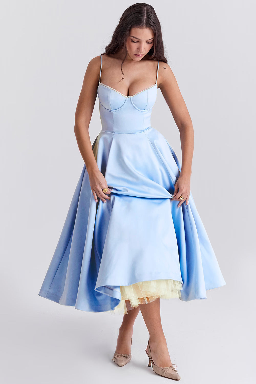 Romantic Satin Midi Dress with Corset Bodice and Sweetheart Neckline