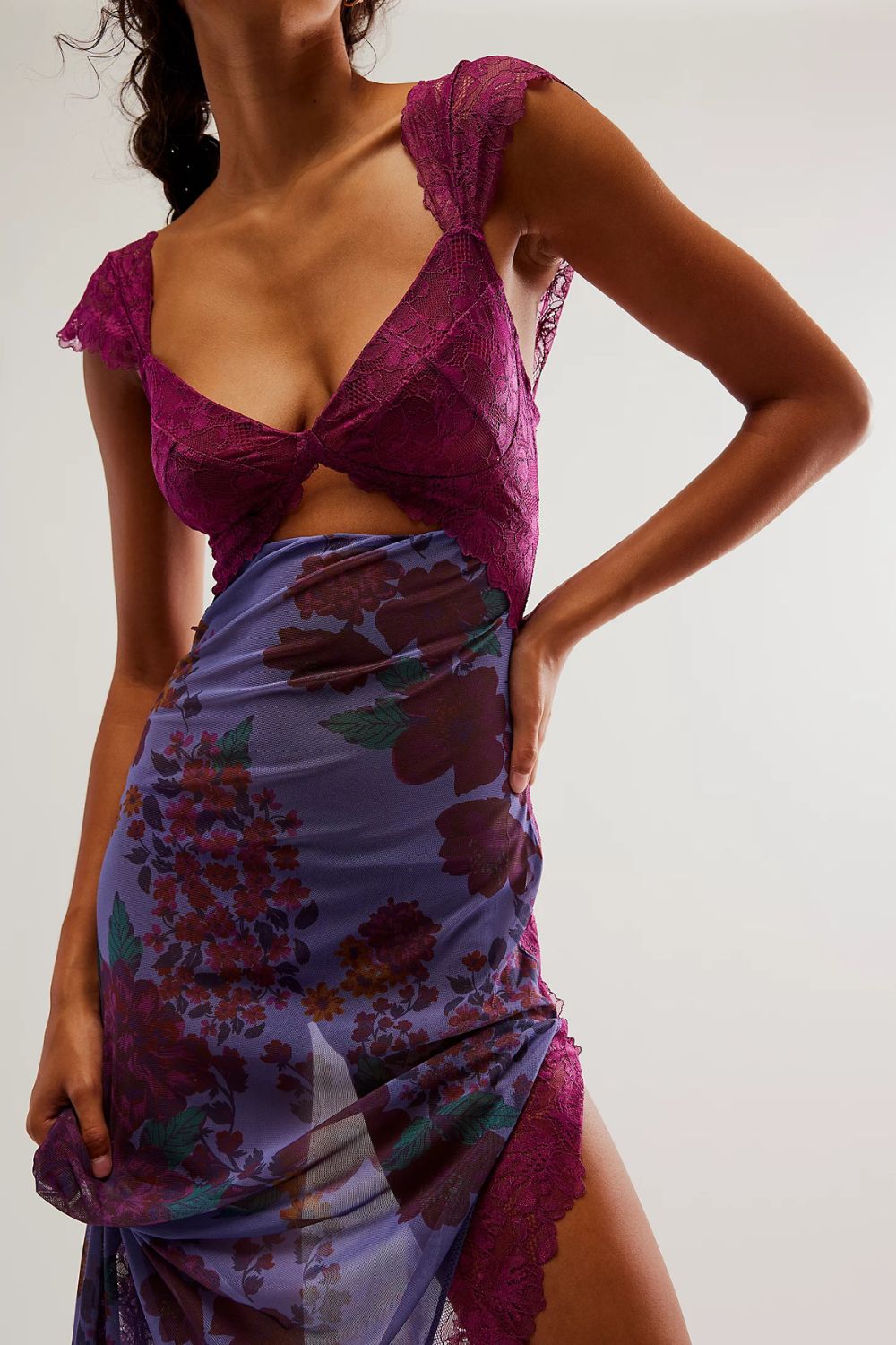 Sheer Floral midi Dress with Side Cutouts