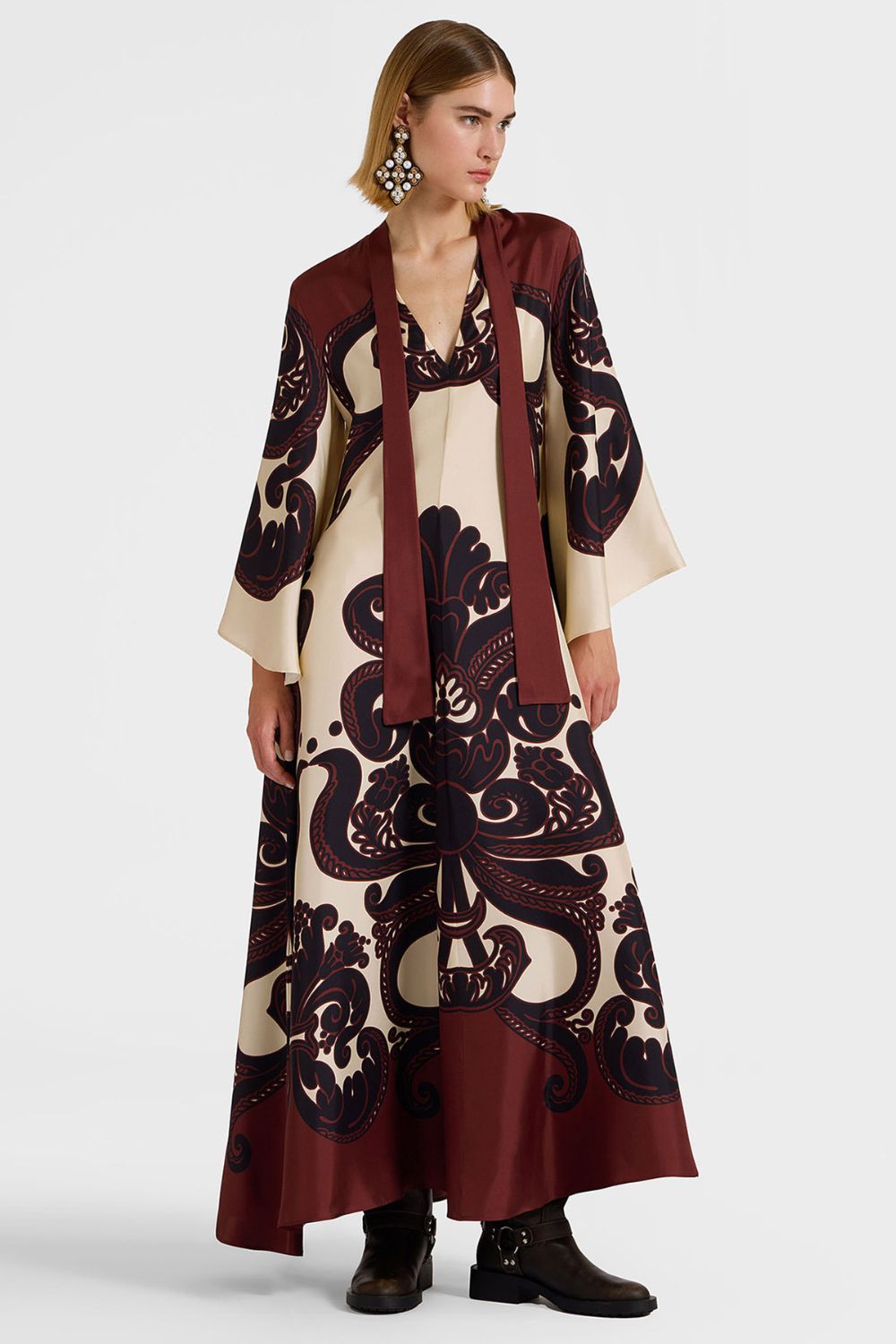 Silk Twill Maxi Dress With Waterfall Sleeves and Flow Silhouette