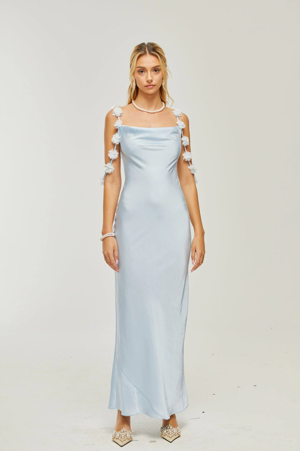 Baby Blue Bloom Strapless Satin Maxi Dress With Elegant Floral Detailing