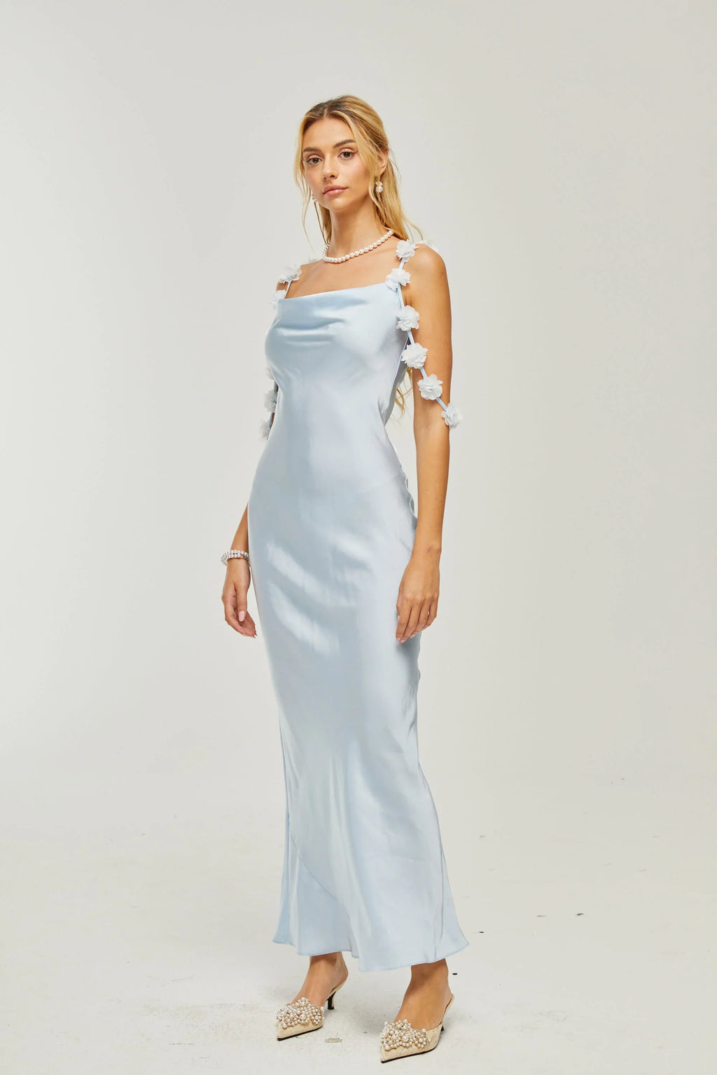 Baby Blue Bloom Strapless Satin Maxi Dress With Elegant Floral Detailing