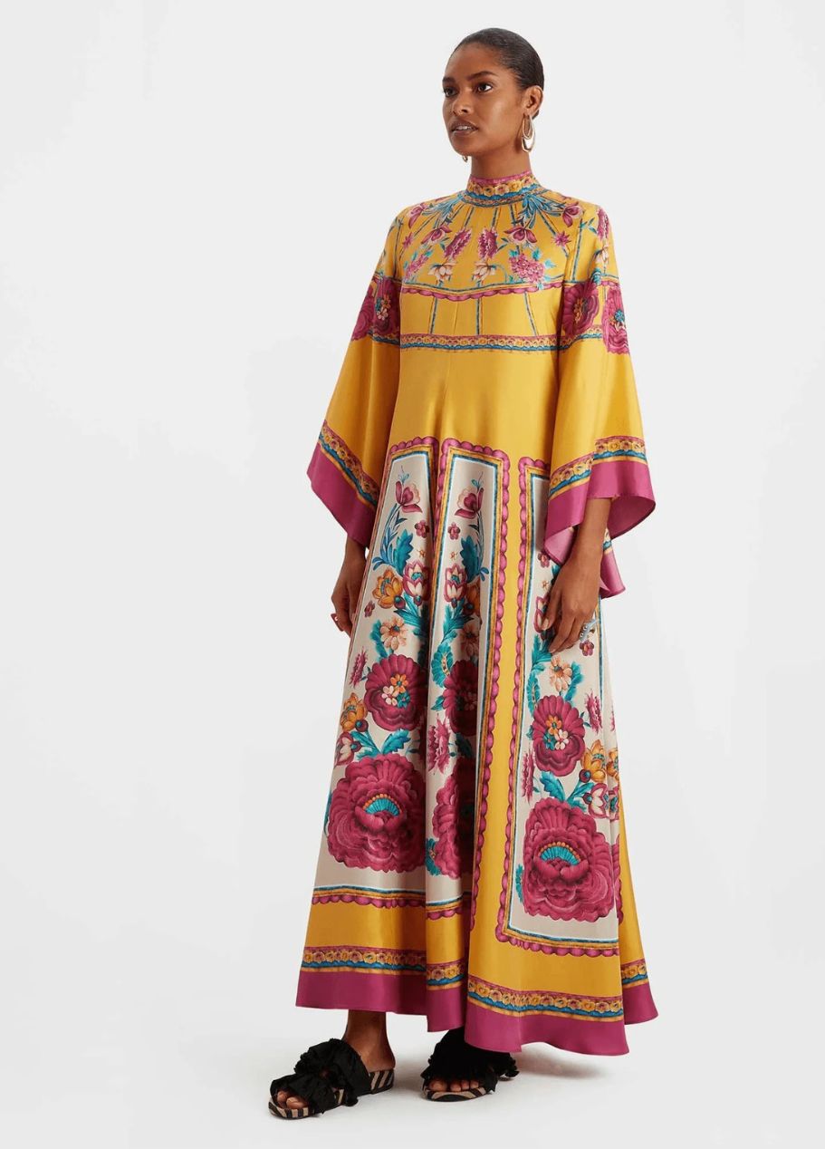 Printed Silk Maxi Dress with High Neck and Draped Sleeves