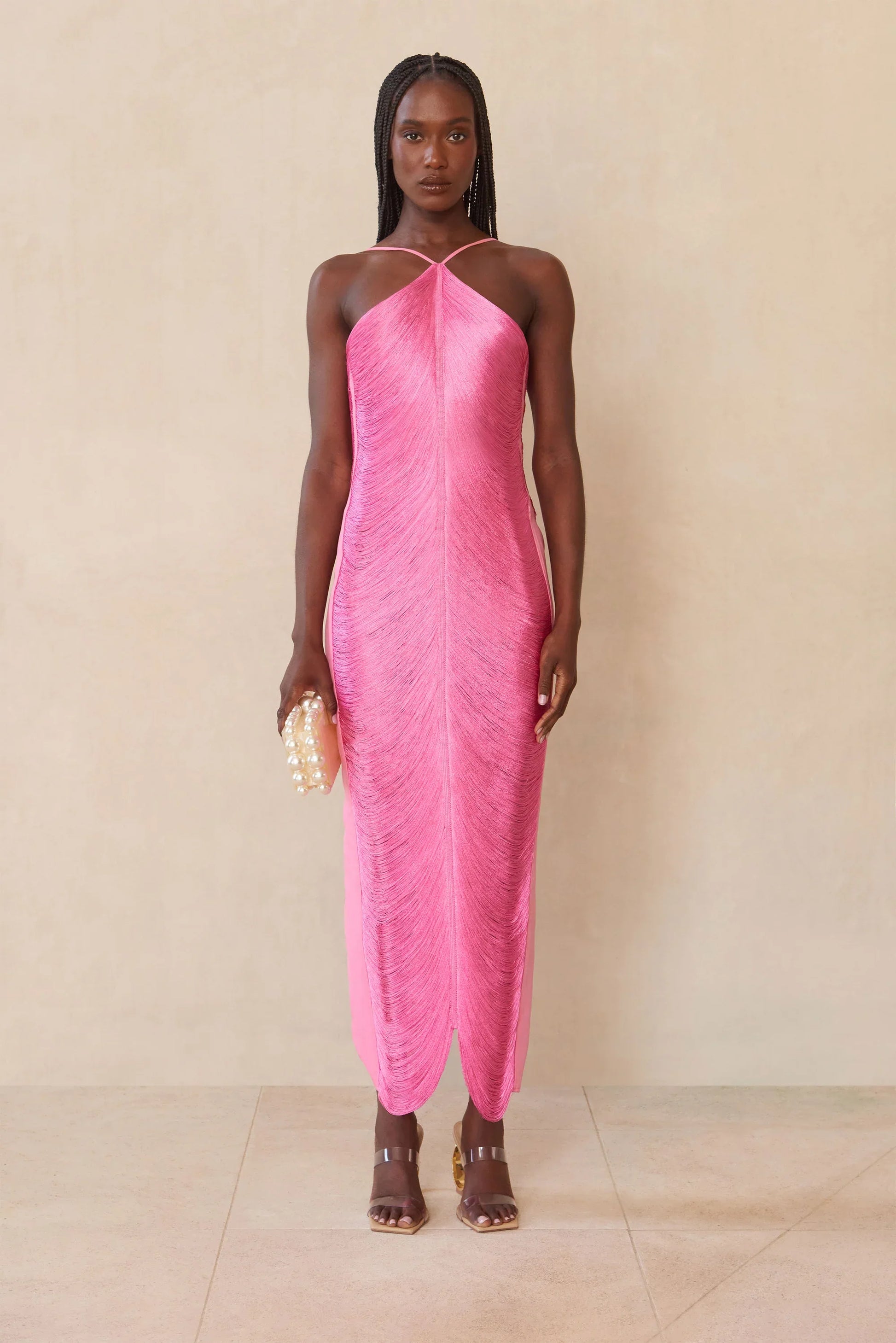 Shimmering Halter Maxi Dress with Metallic Fringe and Open Back