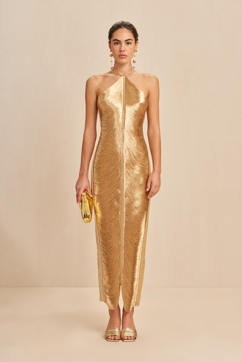 Shimmering Halter Maxi Dress with Metallic Fringe and Open Back