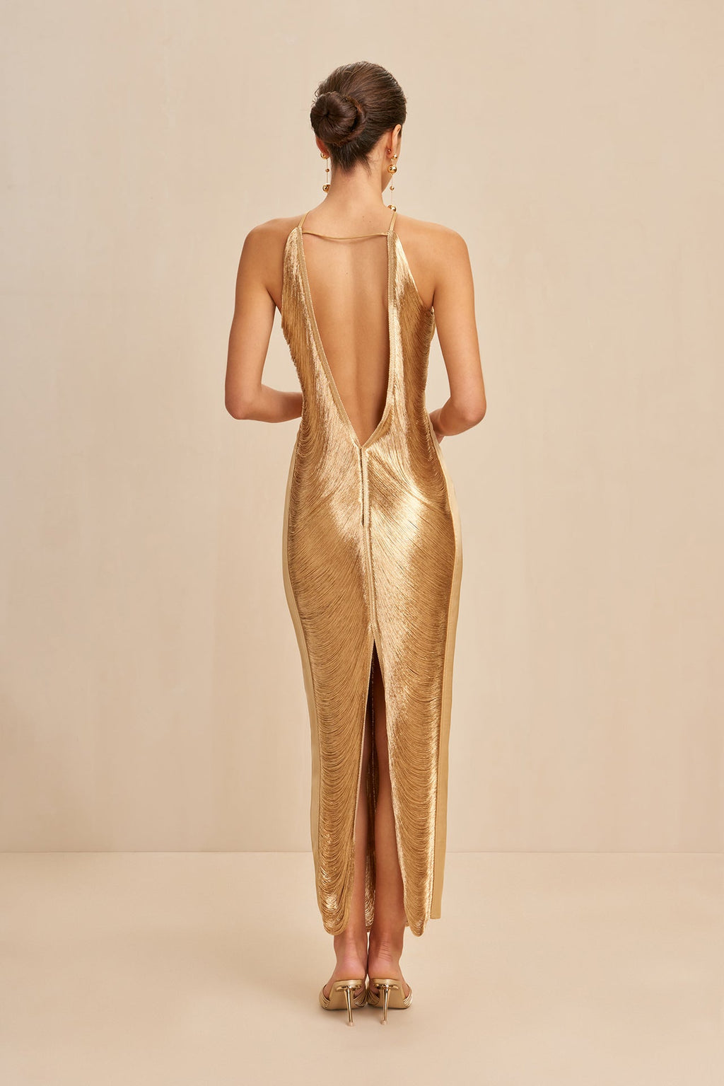 Shimmering Halter Maxi Dress with Metallic Fringe and Open Back