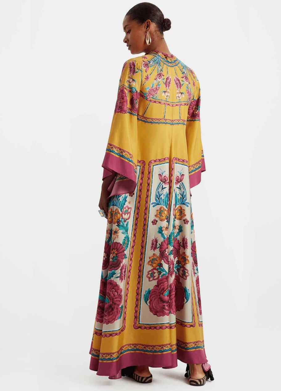 Printed Silk Maxi Dress with High Neck and Draped Sleeves