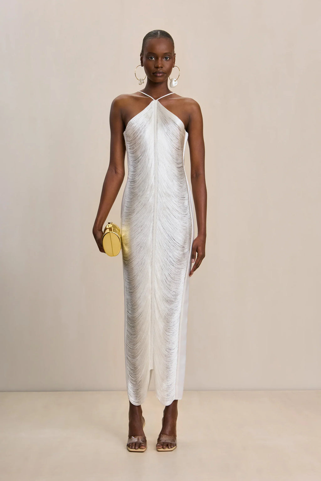 Shimmering Halter Maxi Dress with Metallic Fringe and Open Back
