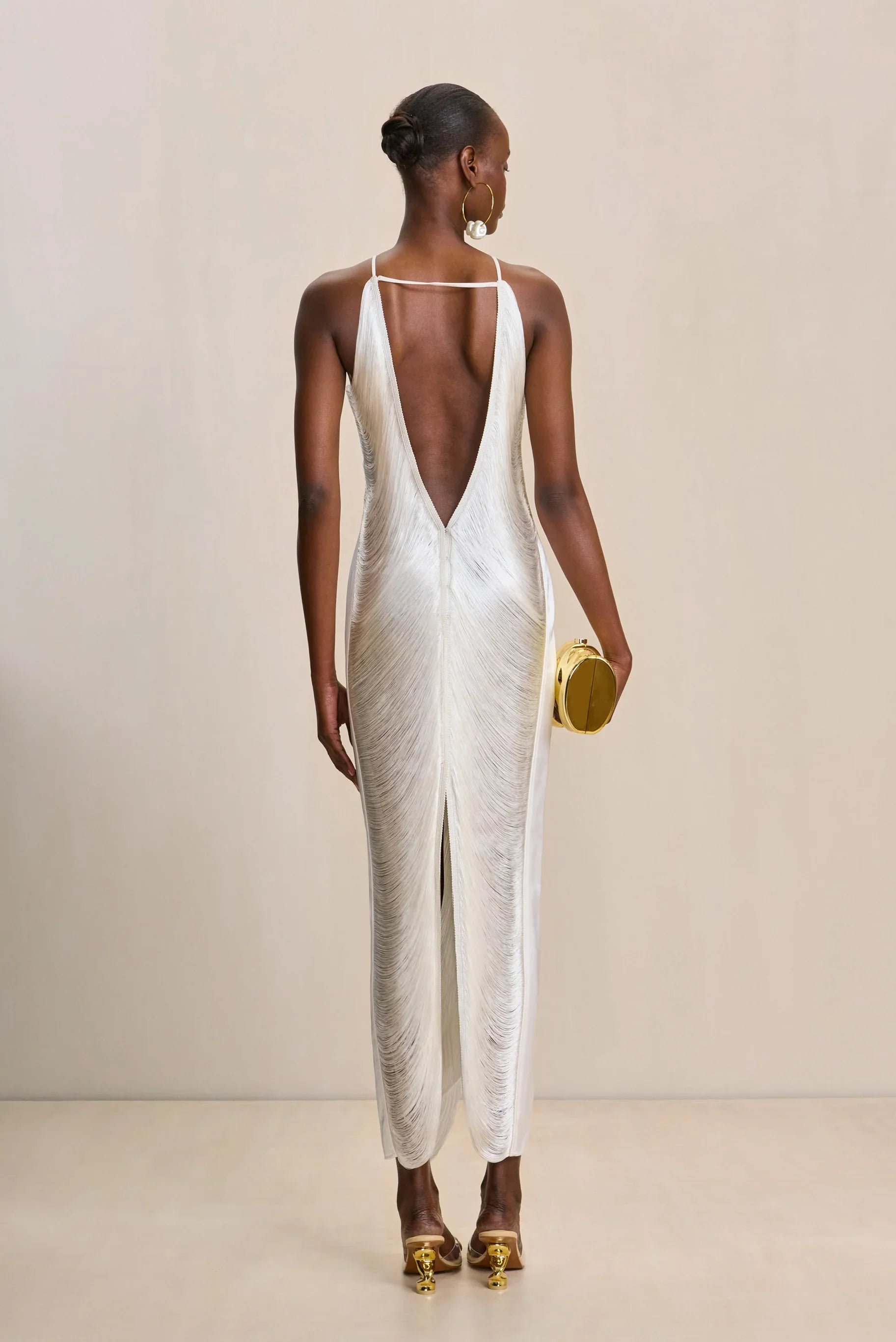 Shimmering Halter Maxi Dress with Metallic Fringe and Open Back