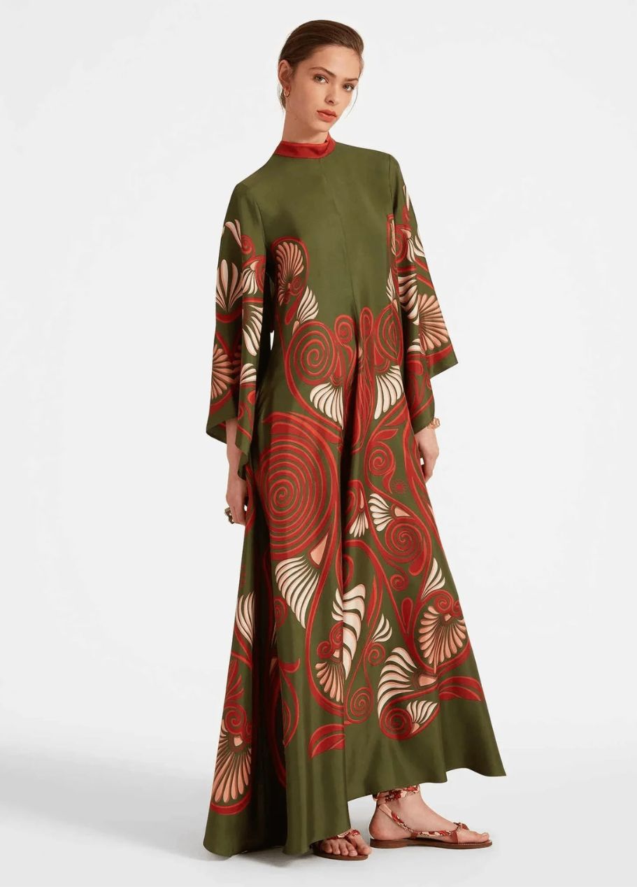Printed Silk Maxi Dress with High Neck and Draped Sleeves