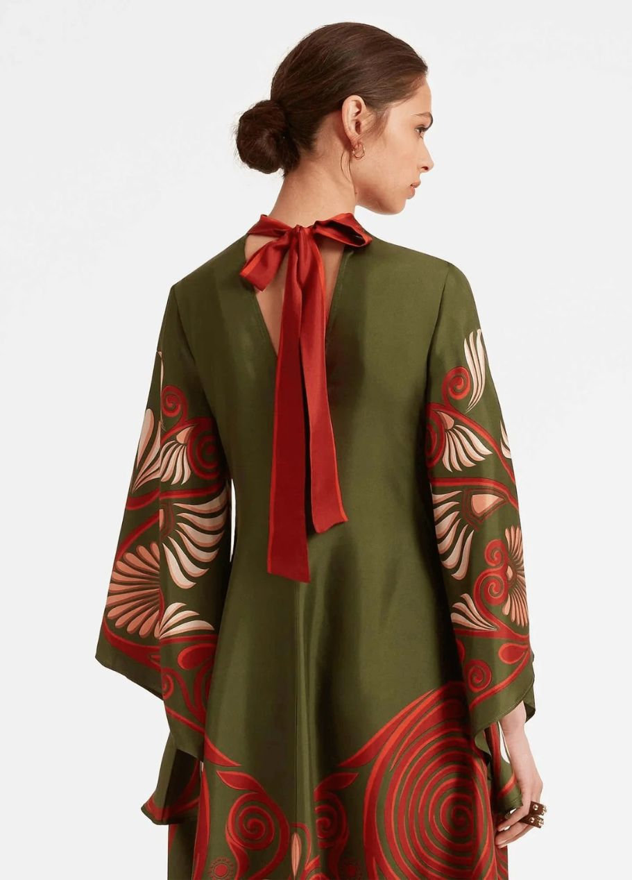 Printed Silk Maxi Dress with High Neck and Draped Sleeves