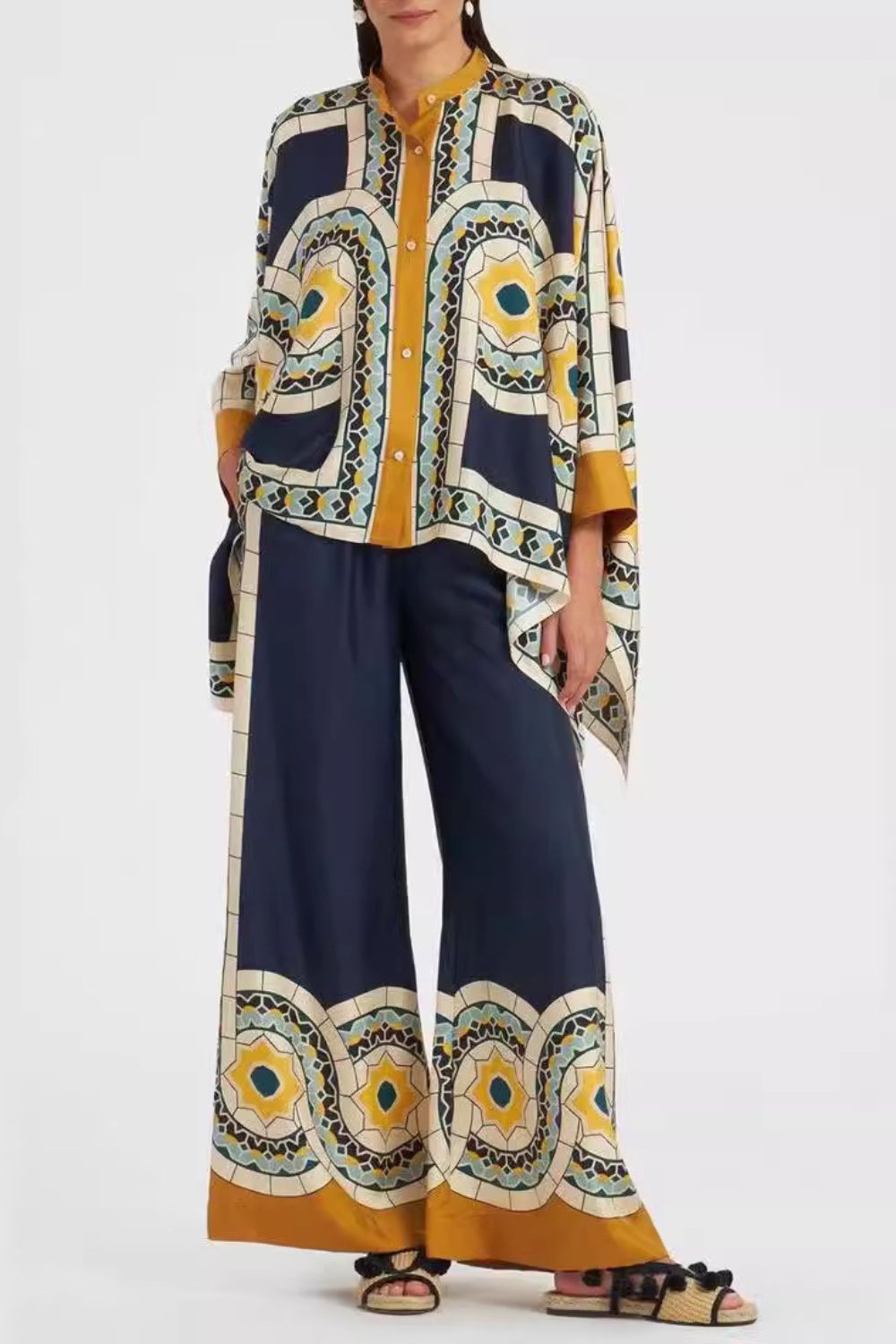 Silk Twill Wide Leg Pant and Top Set with Fan Print Luxe Resort Style
