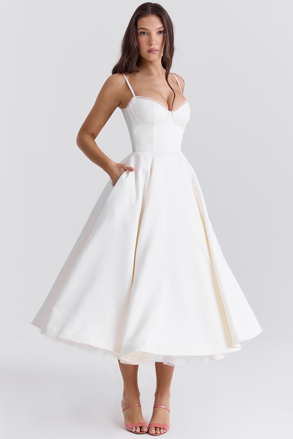 Romantic Satin Midi Dress with Corset Bodice and Sweetheart Neckline