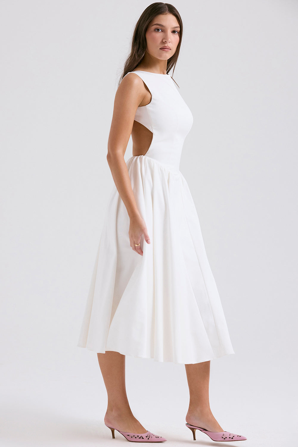 Backless Midi Dress with Fitted Bodice and Flare Skirt