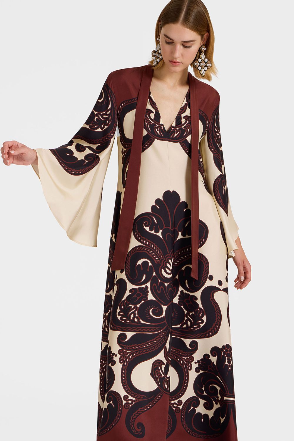 Silk Twill Maxi Dress With Waterfall Sleeves and Flow Silhouette