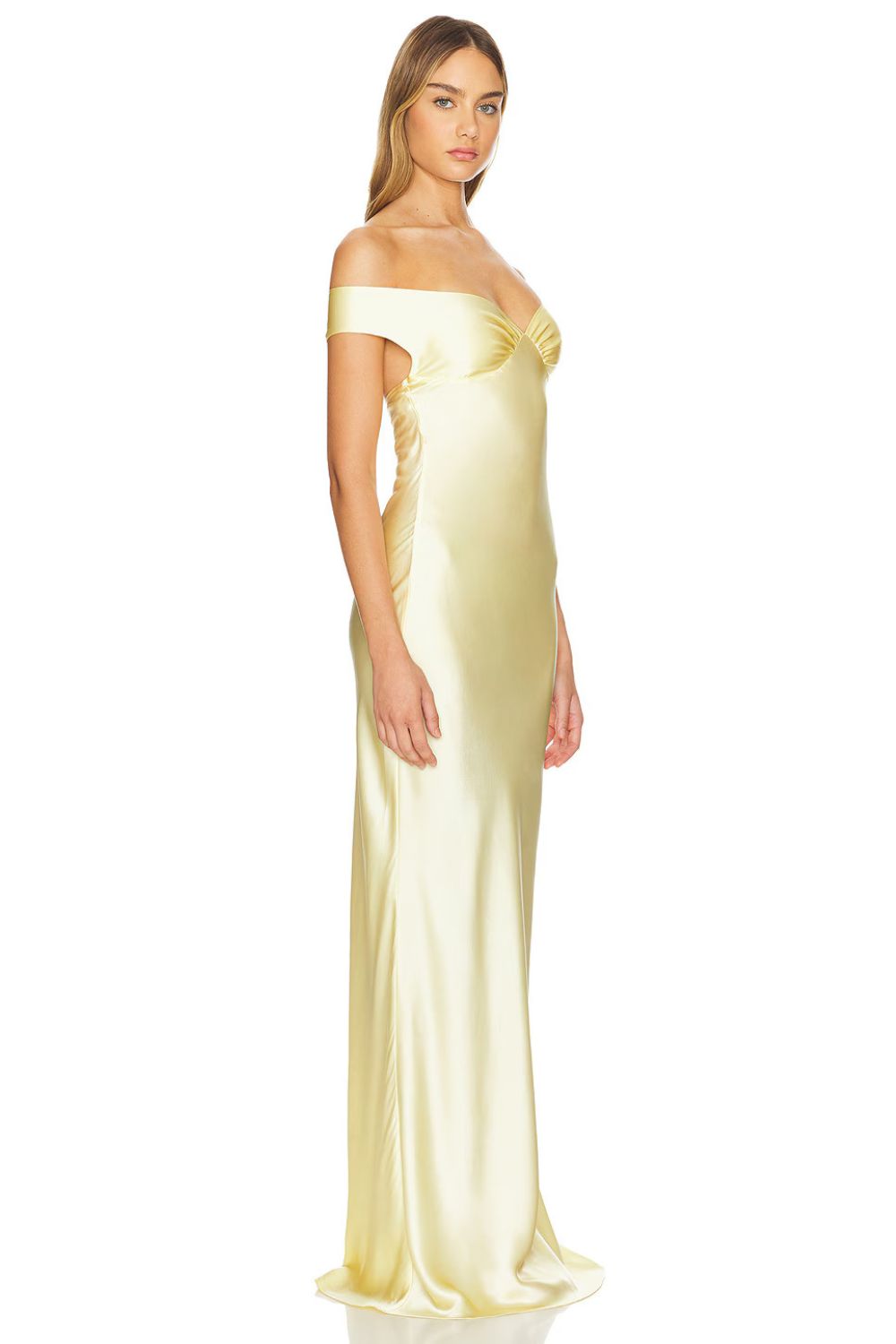 Lemon Off-Shoulder Satin Maxi Dress