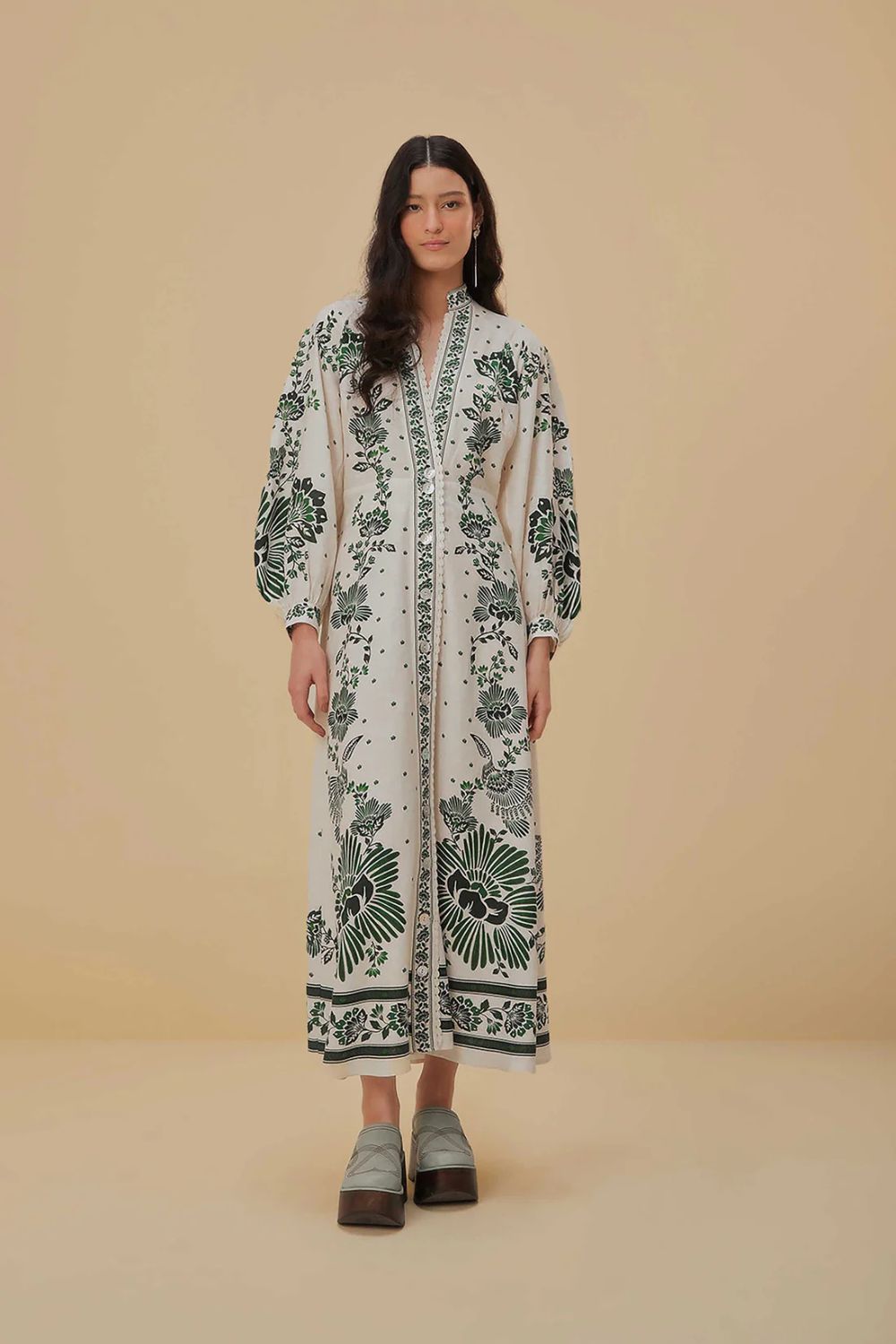 Modest Linen Floral Detail Maxi Dress