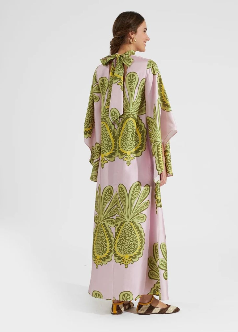 Printed Silk Maxi Dress with High Neck and Draped Sleeves