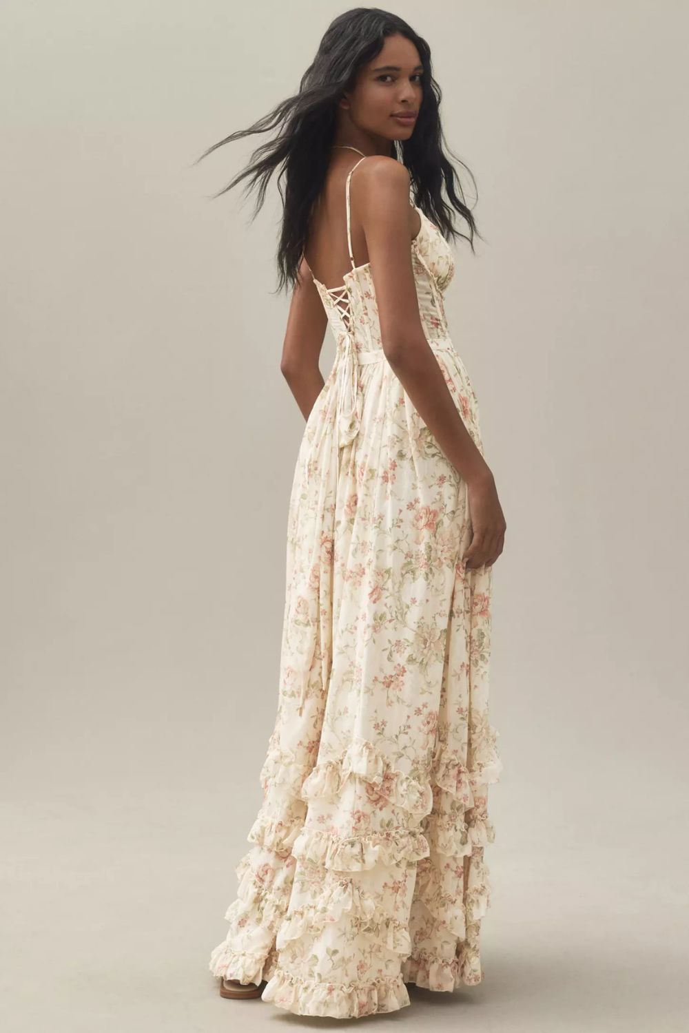 Romantic Lace Corset Maxi Dress with Tiered Chiffon Skirt