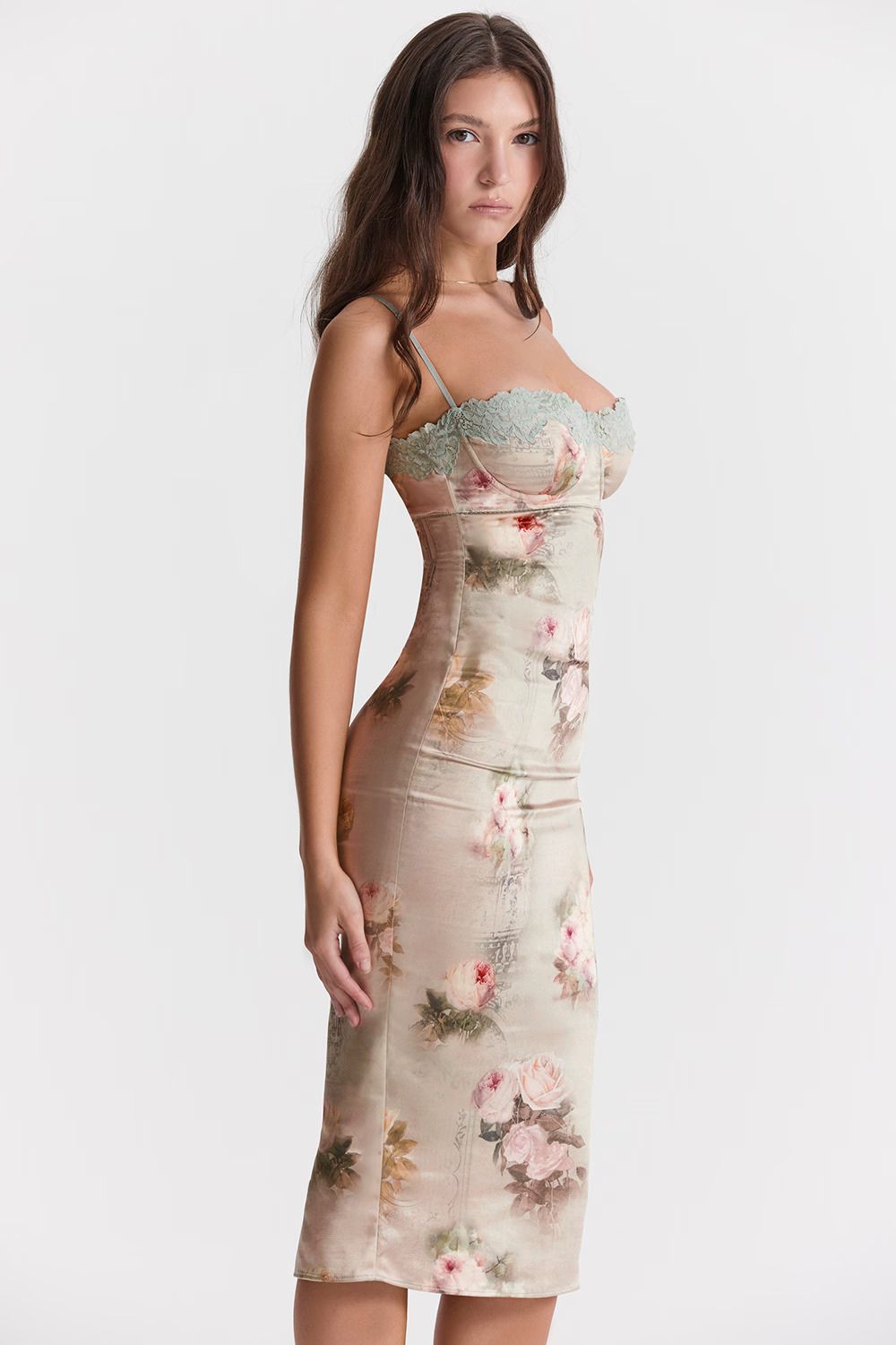 Floral Midi Dress with Lace Trim