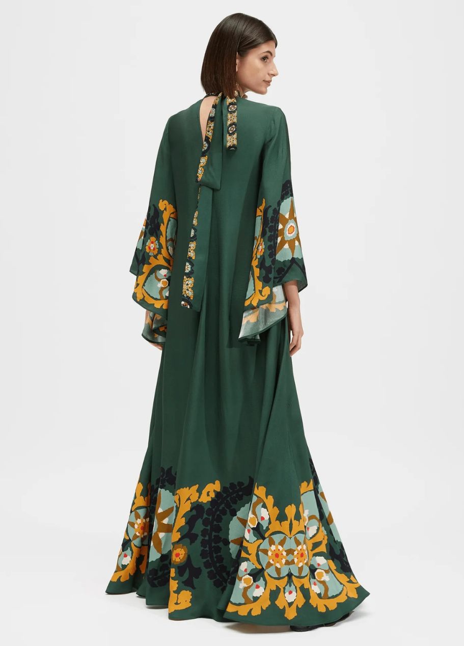 Printed Silk Maxi Dress with High Neck and Draped Sleeves