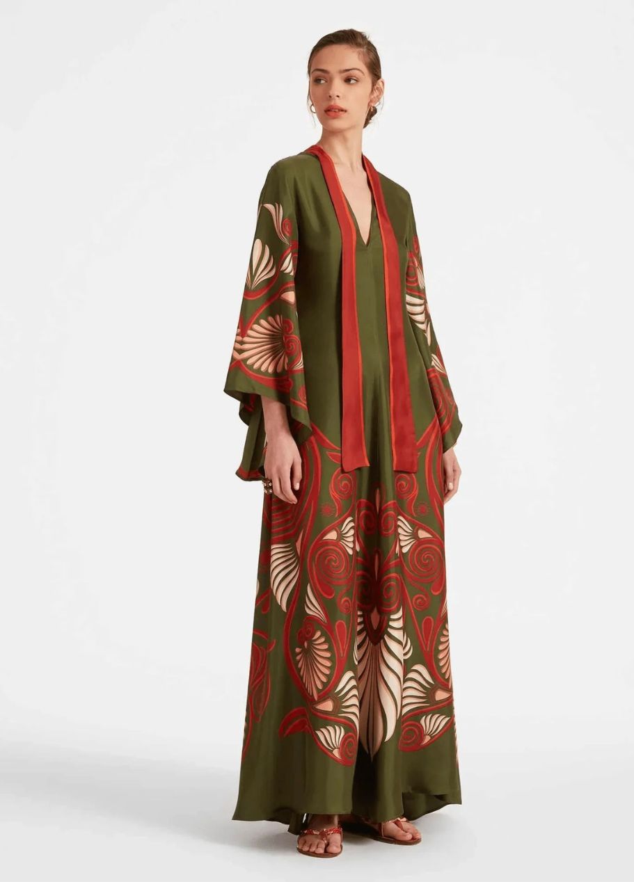 Printed Silk Maxi Dress with High Neck and Draped Sleeves
